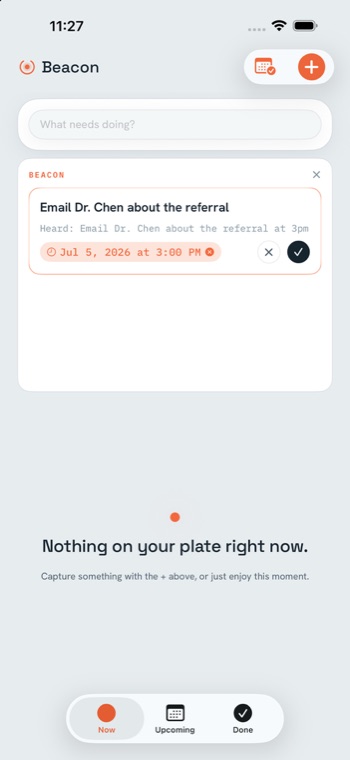 Beacon capturing a brain-dump and pulling out the task and time on-device.