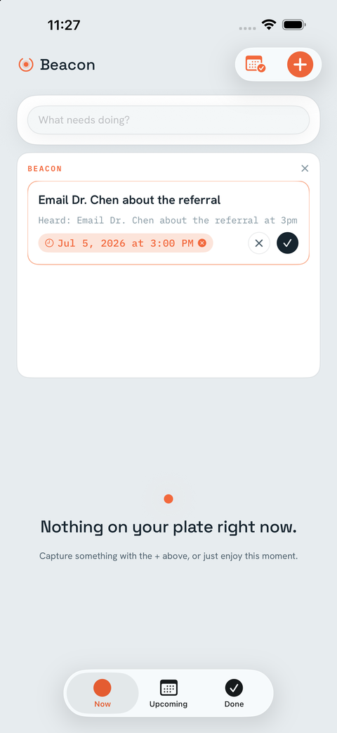 Beacon capturing a brain-dump and pulling out the task and the time.