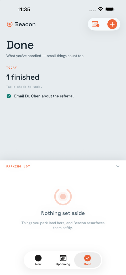 Beacon's Done screen celebrating completed tasks, big and small.