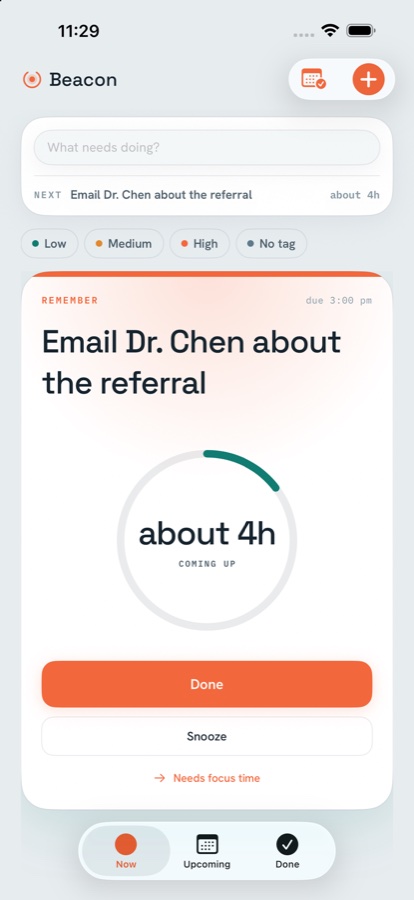 Beacon's Now screen: a single focal task with a calm countdown ring, the backlog tucked away.