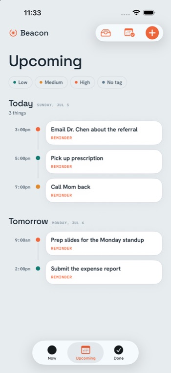 Beacon's Upcoming timeline for today and tomorrow with calm countdowns.