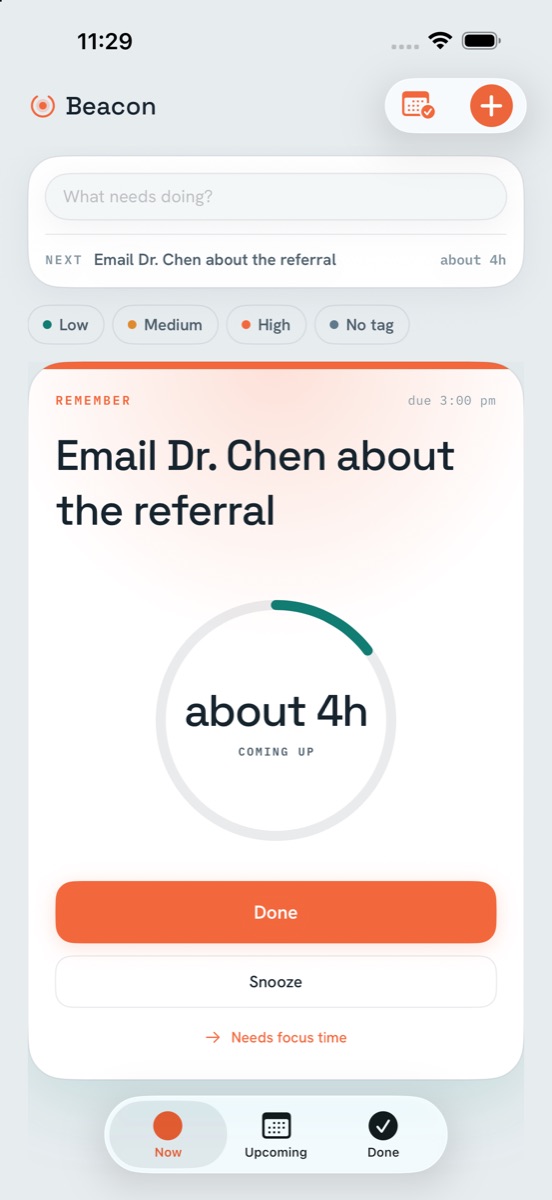 The Beacon app showing a single focal reminder with a countdown