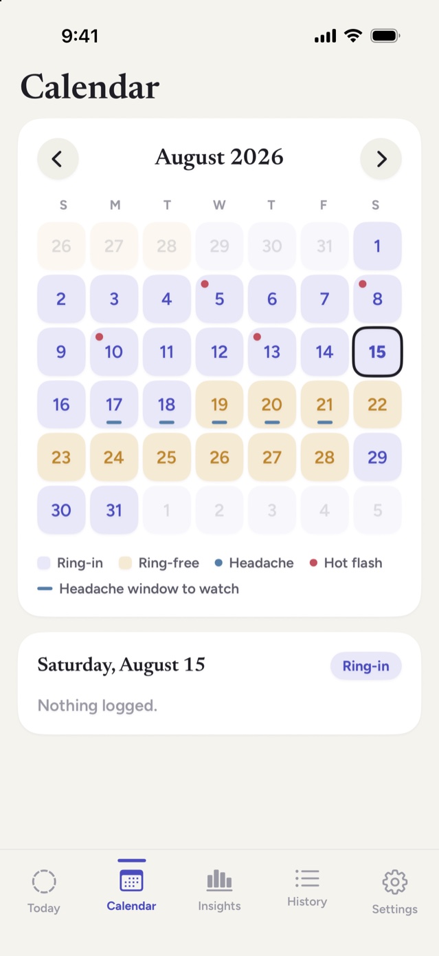 Notice Calendar screen with ring-in and ring-free days shaded and the headache window to watch marked on upcoming days