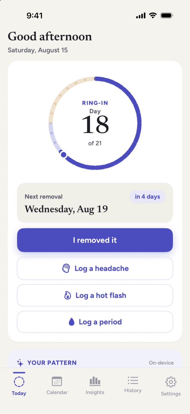 Notice Today screen for a ring user: day 18 of 21 on the cycle ring, next removal date, and one-tap logging buttons