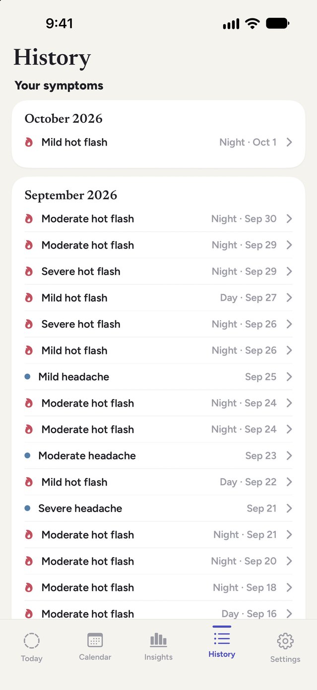 Notice History screen listing recent entries: hot flashes marked night or day with severity, and headaches by date